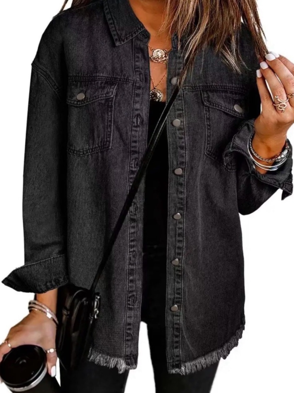 Black Distressed Button-Up Jacket - Picture 2 of 6